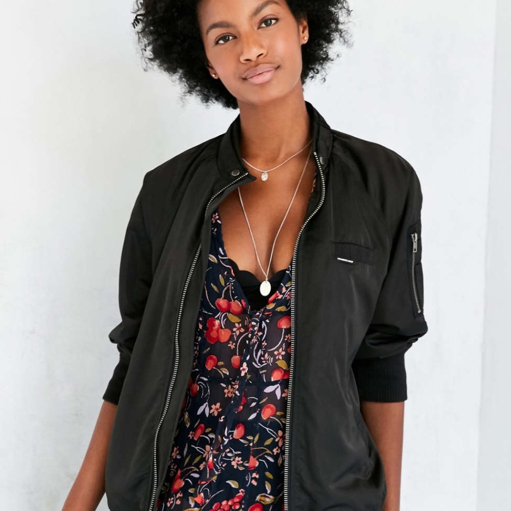 UO Members Only Black Satin Bomber Jacket